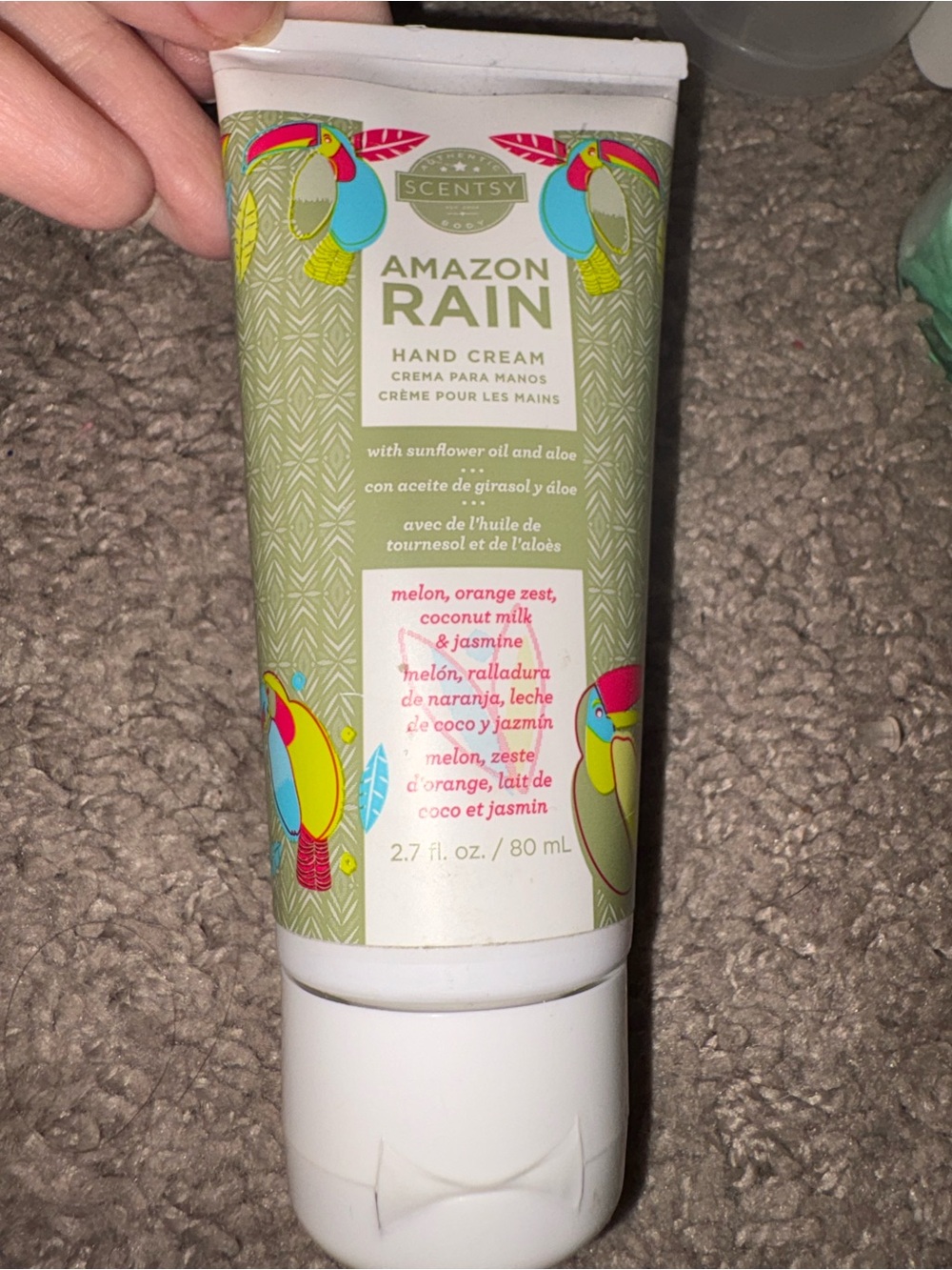 Scentsy Amazon Rain Hand Cream – Green with Turquoise & Pink Accents